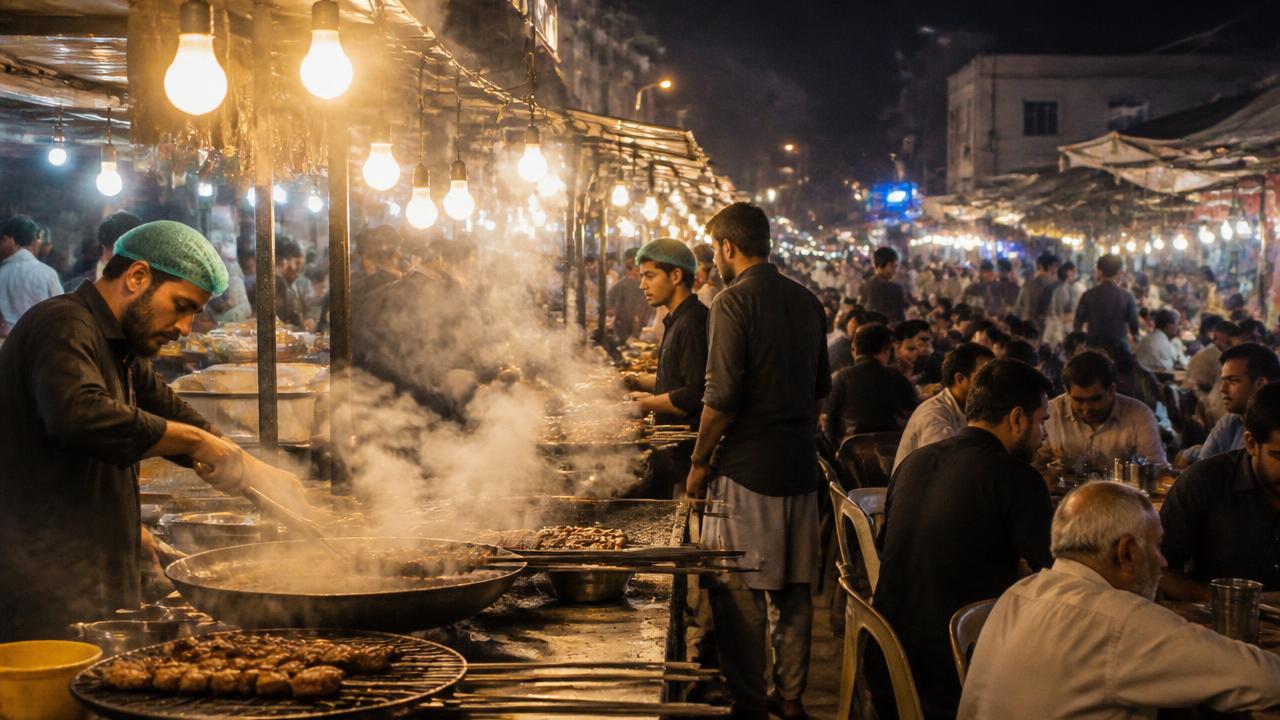 Busy local food street at night with grill stalls and outdoor seating