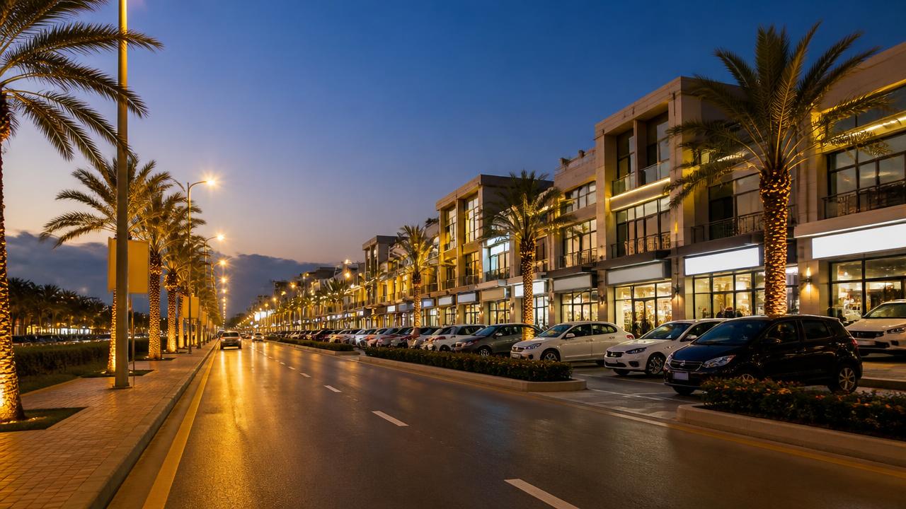 Commercial market street in Bahria Town Phase 7, Rawalpindi lit up in the evening