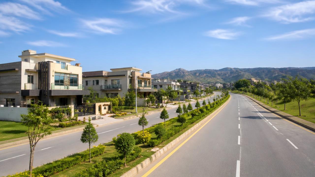 Residential boulevard with new villas in Bahria Town Phase 8, Rawalpindi